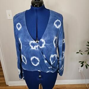 Blue Life Tie Dye Wrap Blouse Women's Medium Blue Rayon Boho Long Sleeve Top M
